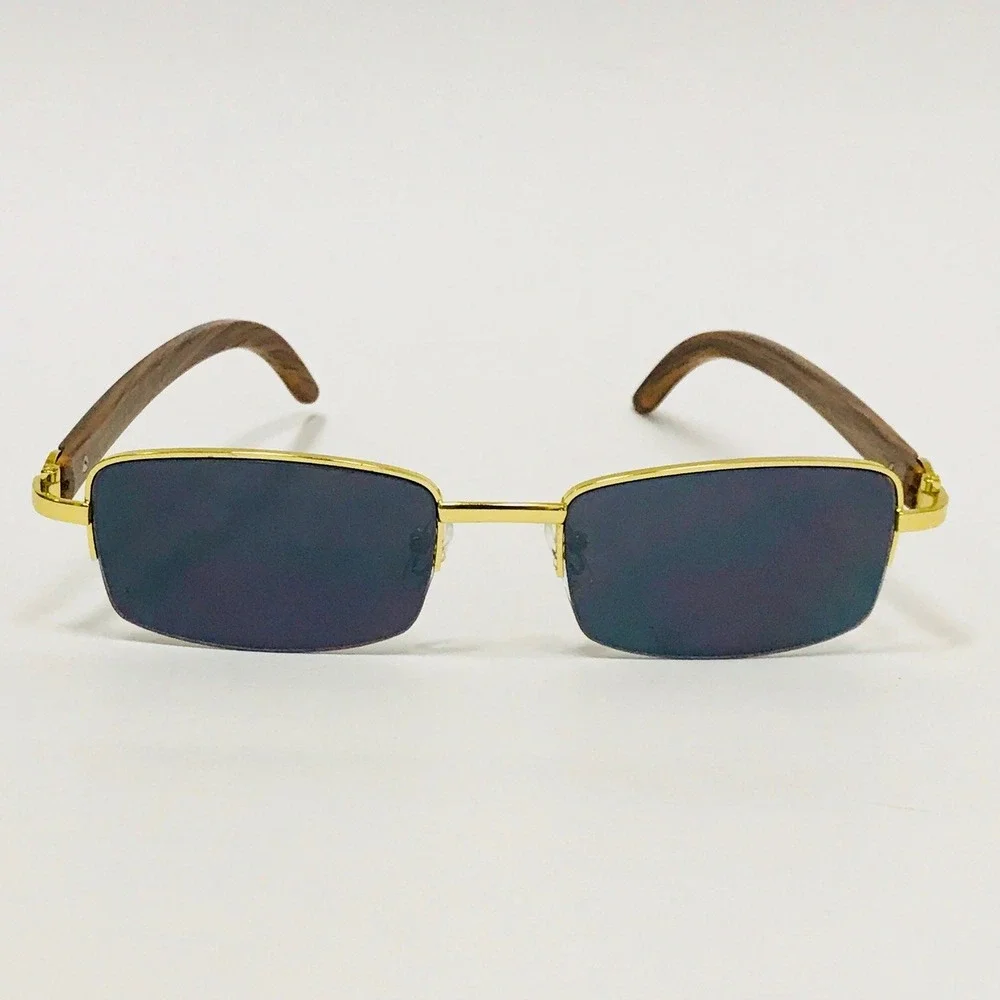 Rimless Sunglasses Gold Frame Wood Arms Rectangular Lens Men Classic Migos Style